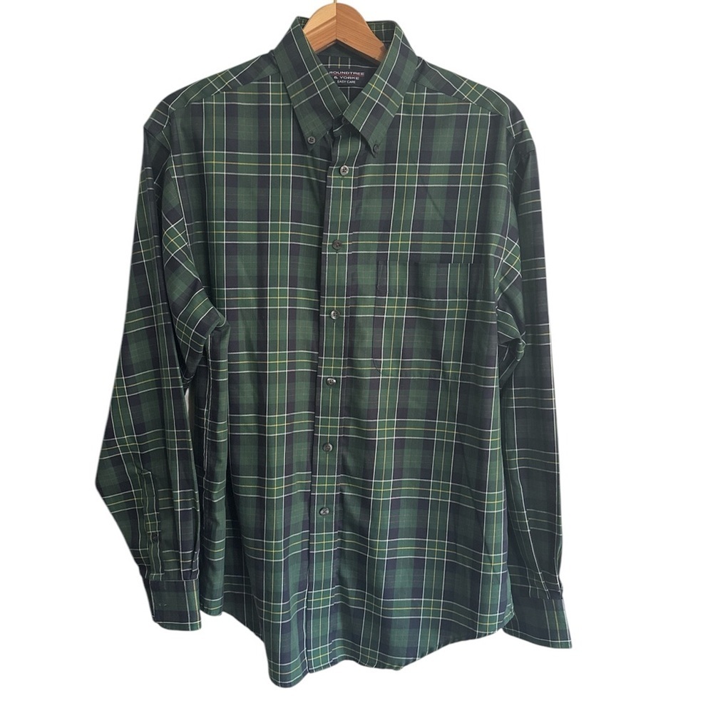 Roundtree & Yorke Easy Care Green Plaid Long Sleeve Button Down Shirt Medium